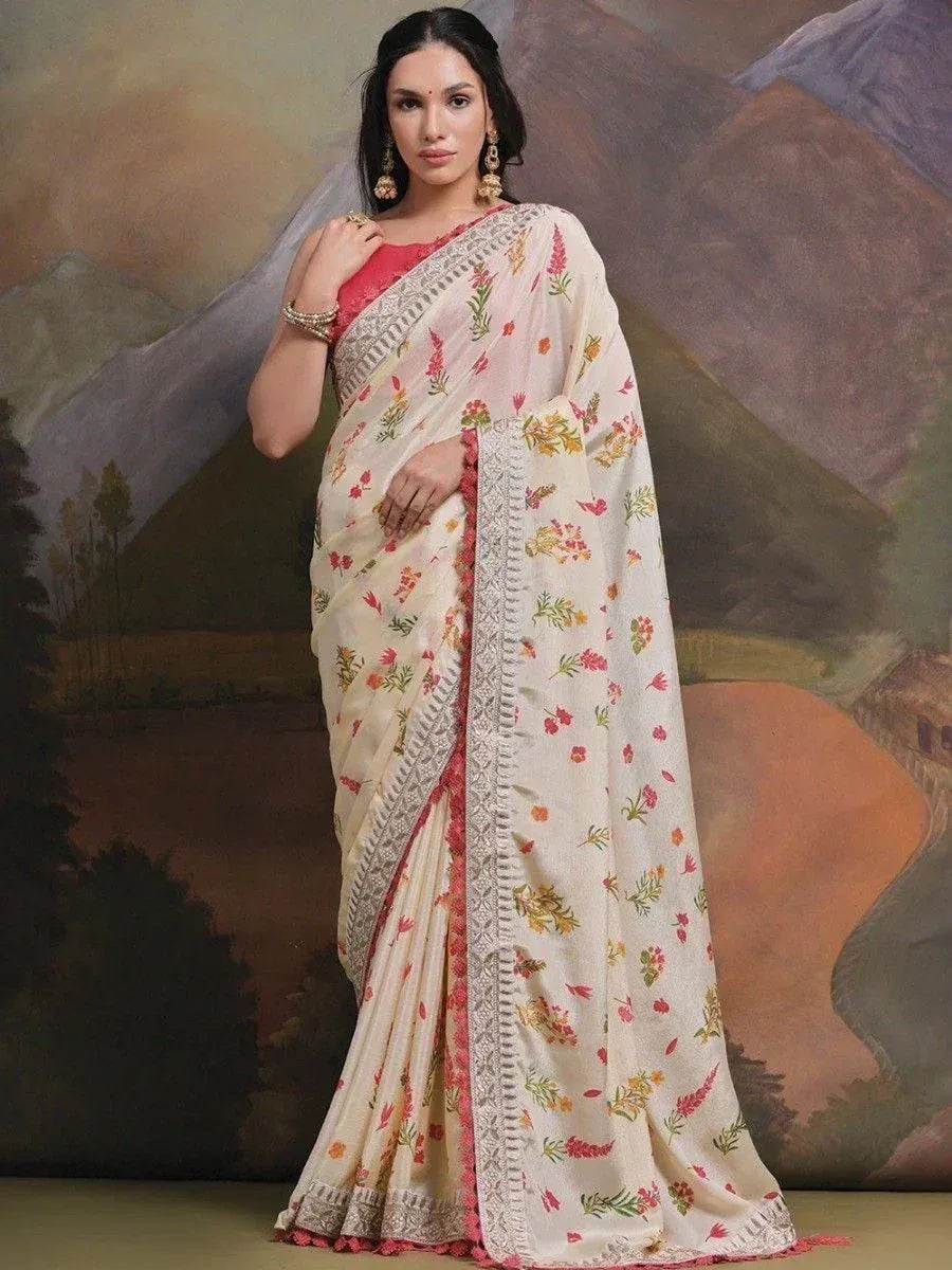Floral print cream saree with pink border, ethnic wear for women, perfect for Indian occasions