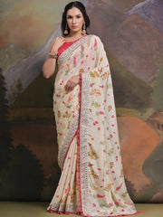 Majestic Off-White Floral Printed Chinon Festival Wear Saree