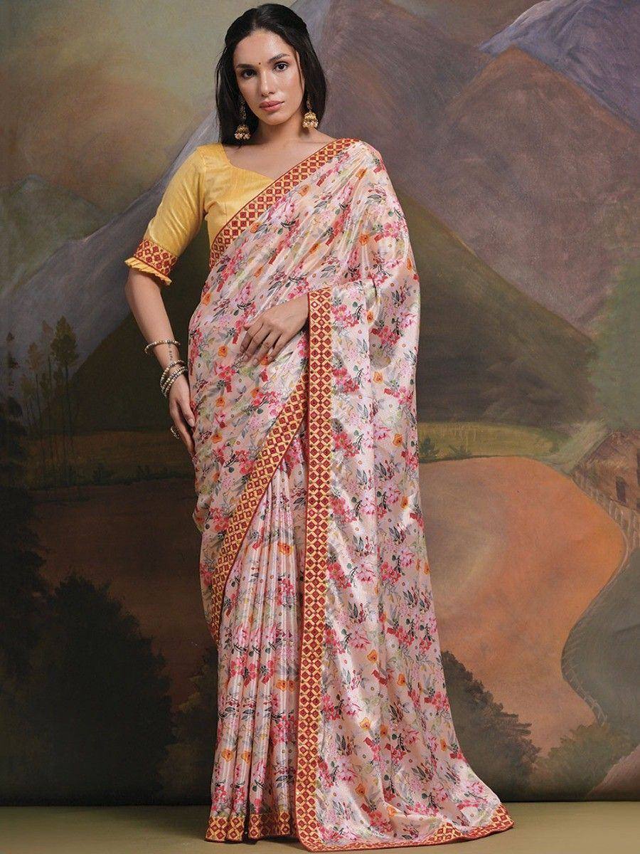 Floral print saree with yellow blouse, ethnic Indian wear for women