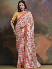Gorgeous Cream Floral Printed Chinon Function Wear Saree With Blouse