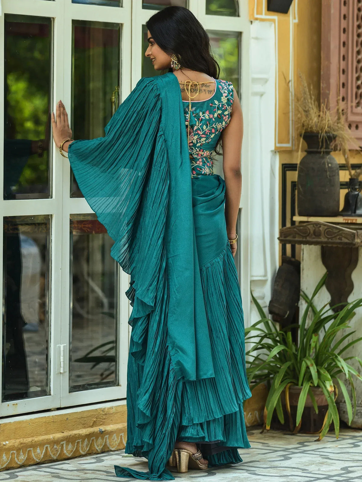 Teal pleated saree with floral embroidered blouse, ethnic Indian wear for women
