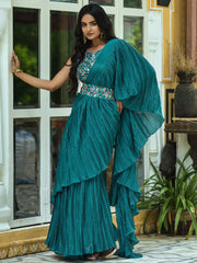 Delightful Teal Blue Chinon Party Wear Saree With Embroidery Blouse