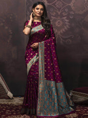 Captivating Purple Zari Weaving Silk Function Wear Saree With Blouse