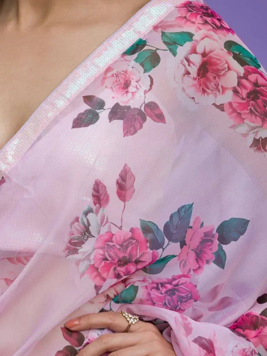 Pink floral saree with sequin border, elegant Indian ethnic wear for women
