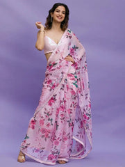 Beautiful Pink Floral Printed Chinon Festival Wear Saree With Blouse