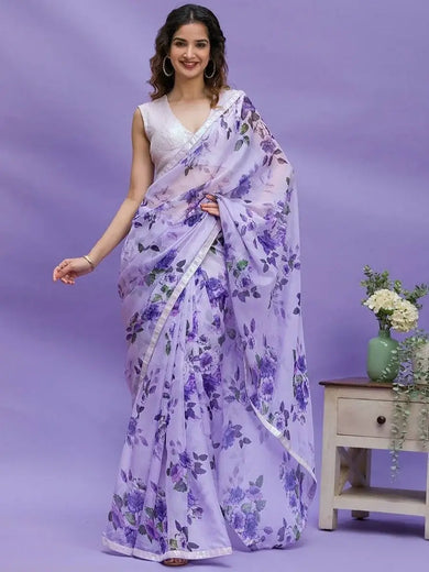 Gorgeous Lavender Floral Printed Chinon Saree With Sequin Blouse