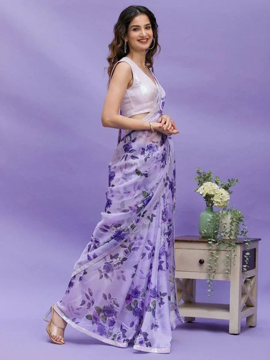 Purple floral saree with sequin blouse, elegant Indian ethnic wear for women