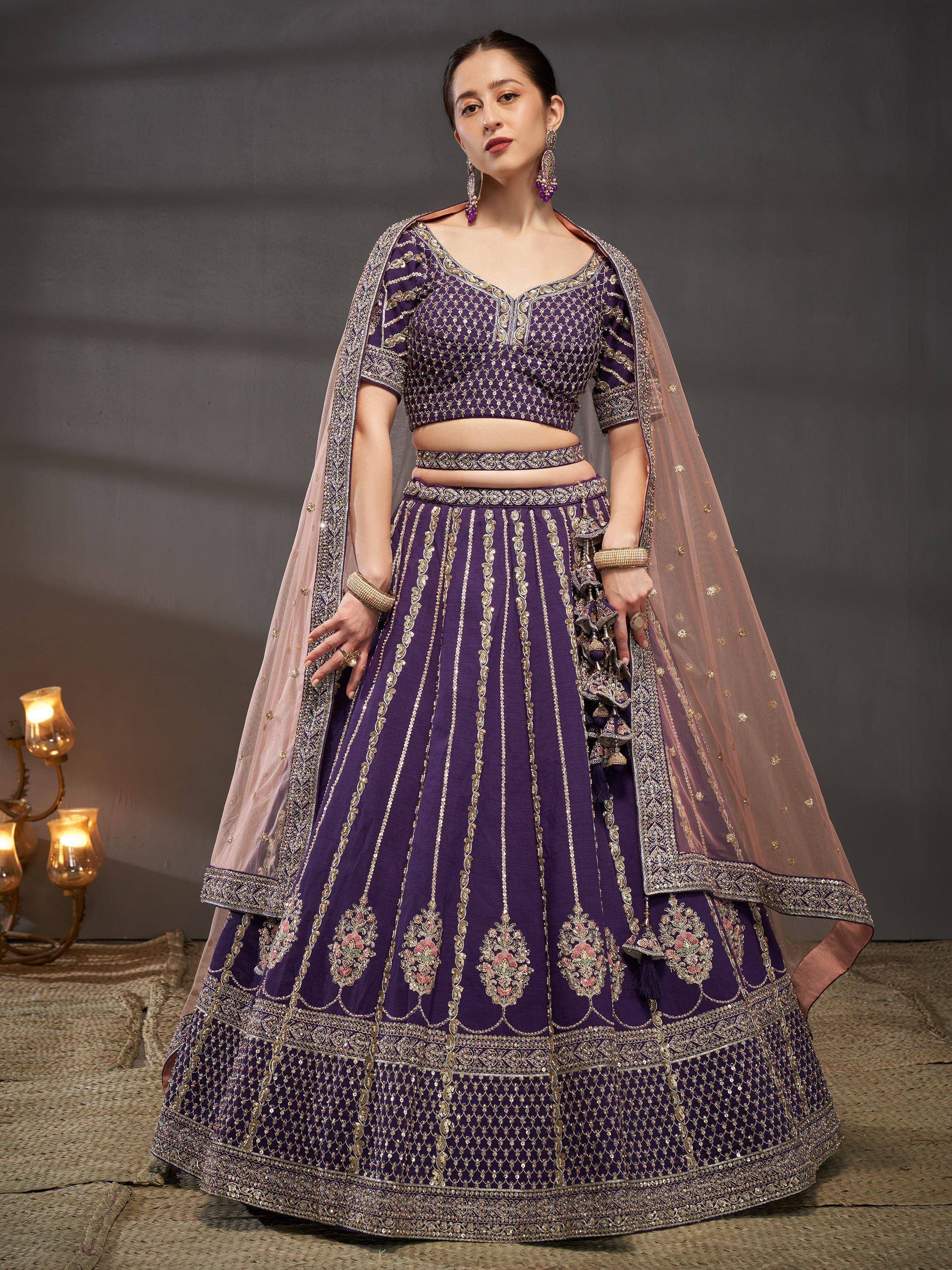 Purple designer lehenga choli with gold embroidery and dupatta, Indian ethnic wear for weddings