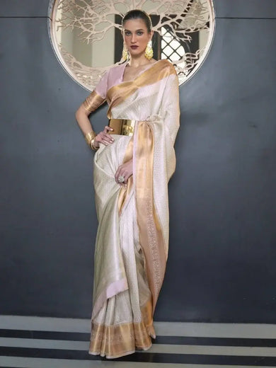 Stunning Off-White Zari Weaving Silk Reception Wear Saree With Blouse