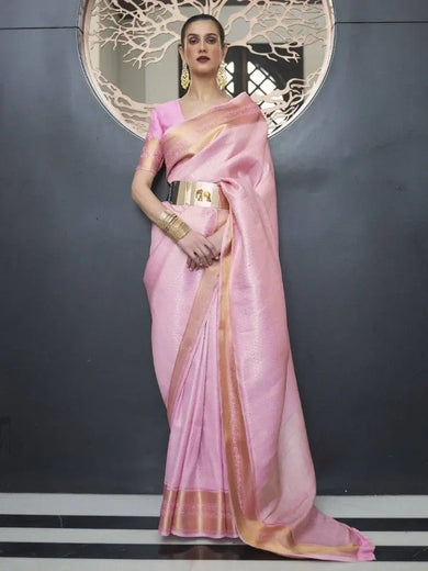 Beautiful Pink Zari Woven Silk Traditional Saree With Blouse