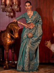 Beautiful Aqua Blue Zari Weaving Silk Reception Wear Saree With Blouse