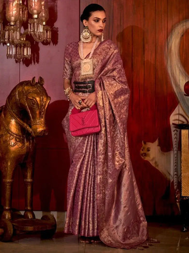 Stunning Rani Pink Zari Woven Silk Event Wear Saree With Blouse