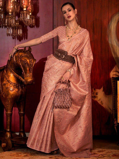 Fascinating Peach Zari Woven Silk Reception Wear Saree With Blouse