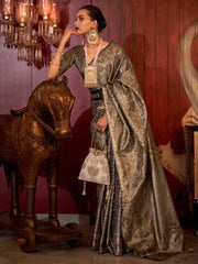 Glamorous Steal Grey Zari Woven Silk Designer Saree With Blouse