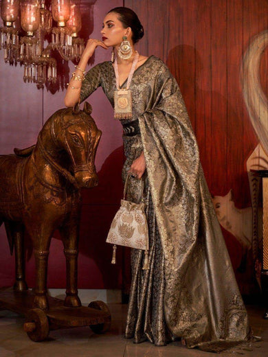 Glamorous Steal Grey Zari Woven Silk Designer Saree With Blouse