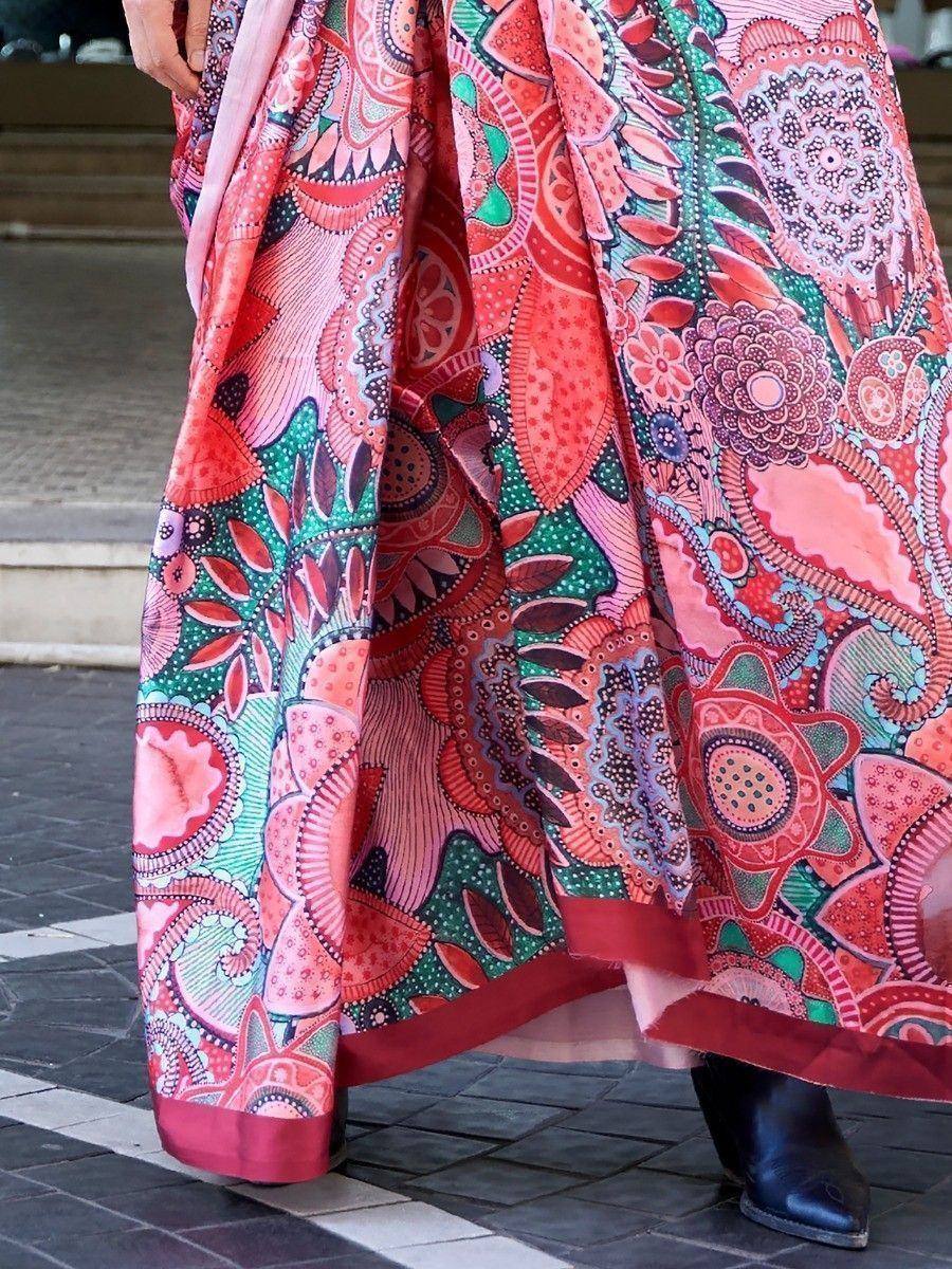 Vibrant floral print ethnic gown in pink and green, perfect for Indian occasions