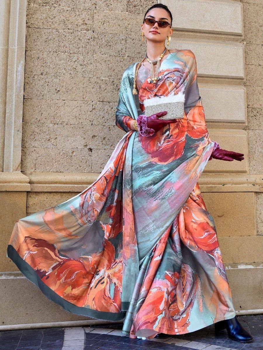 Floral printed saree with designer blouse, ethnic wear for women, stylish Indian fashion