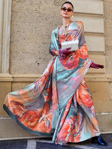 Attractive Multi-Color Digital Printed Satin Festival Wear Saree