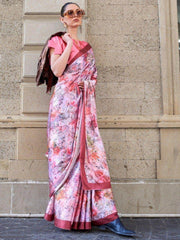 Gorgeous Pink & Lavender Digital Printed Satin Saree With Blouse