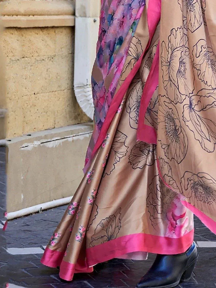 Beige floral print saree with pink border, styled with black heels for ethnic wear
