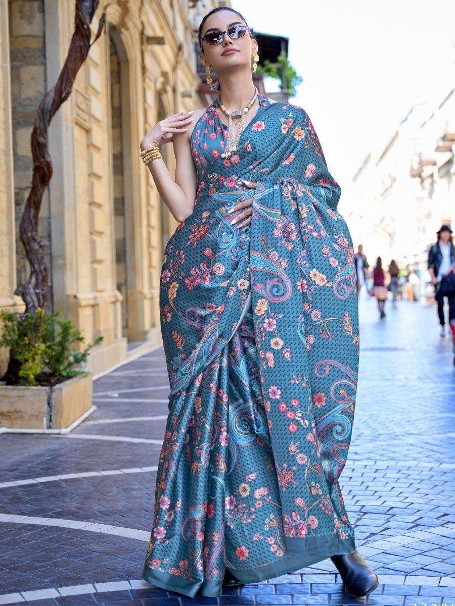 Teal floral paisley saree with halter neck blouse, styled for street fashion
