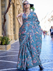 Awesome Teal Blue Floral Printed Satin Party Wear Saree