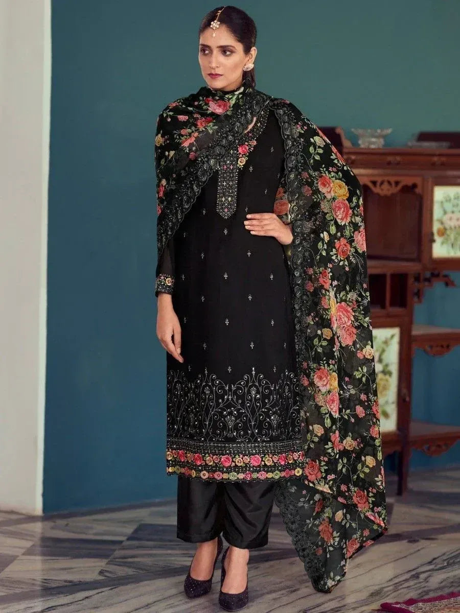Black embroidered salwar kameez with floral dupatta, Indian ethnic wear for women