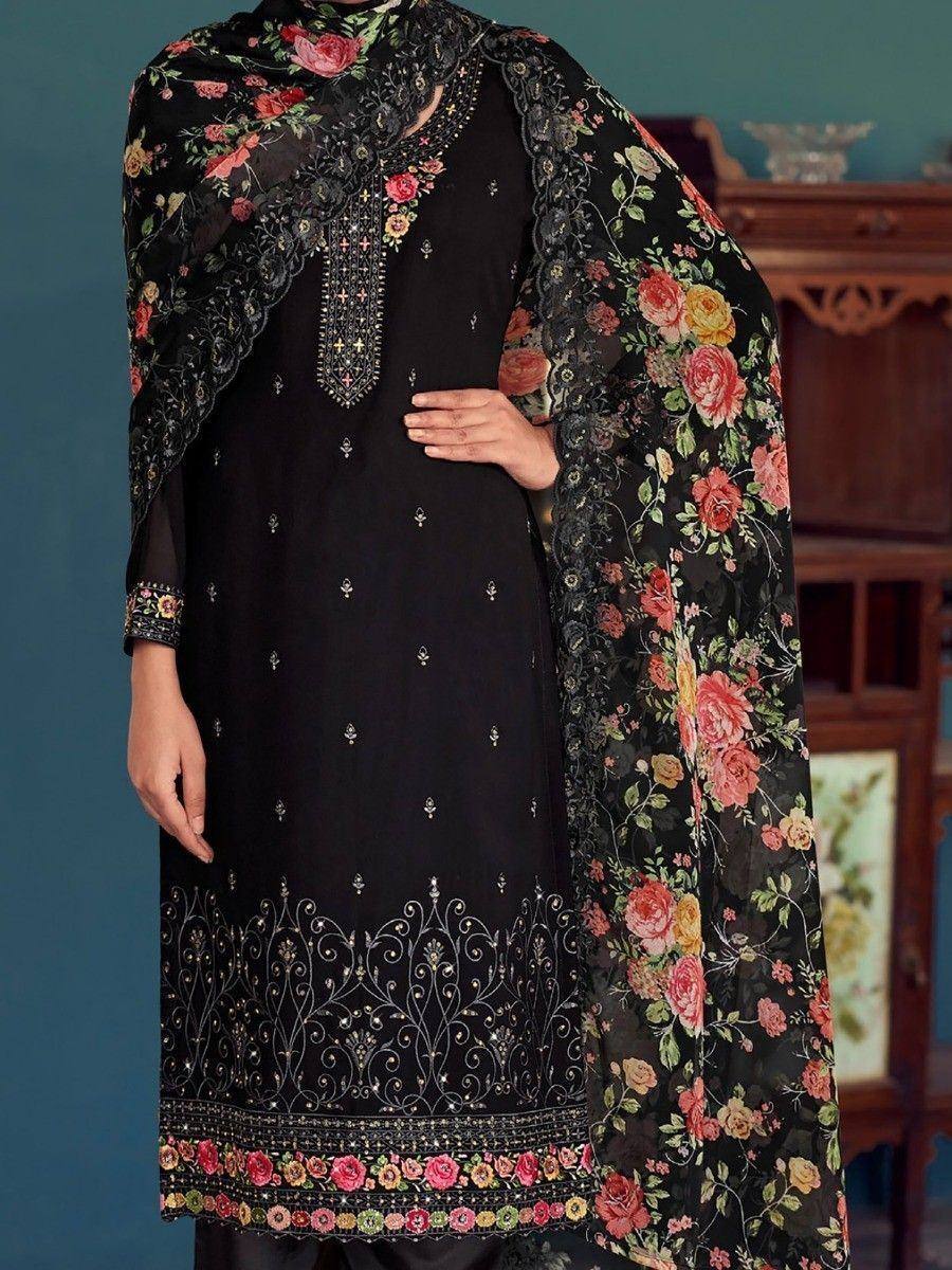 Black embroidered salwar kameez with floral dupatta, ethnic Indian wear