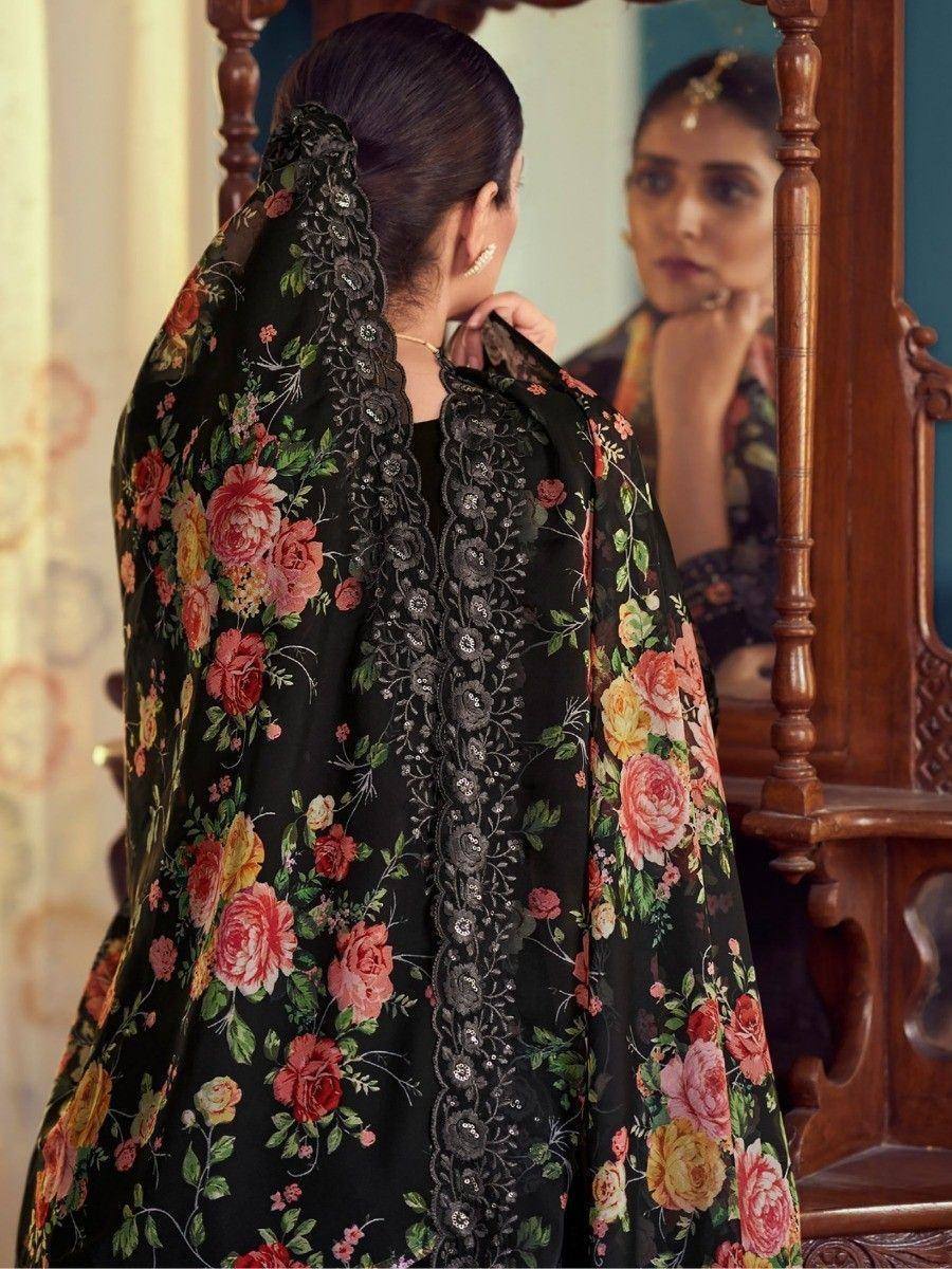 Black floral ethnic gown with lace detailing, perfect for Indian occasions and festive wear.