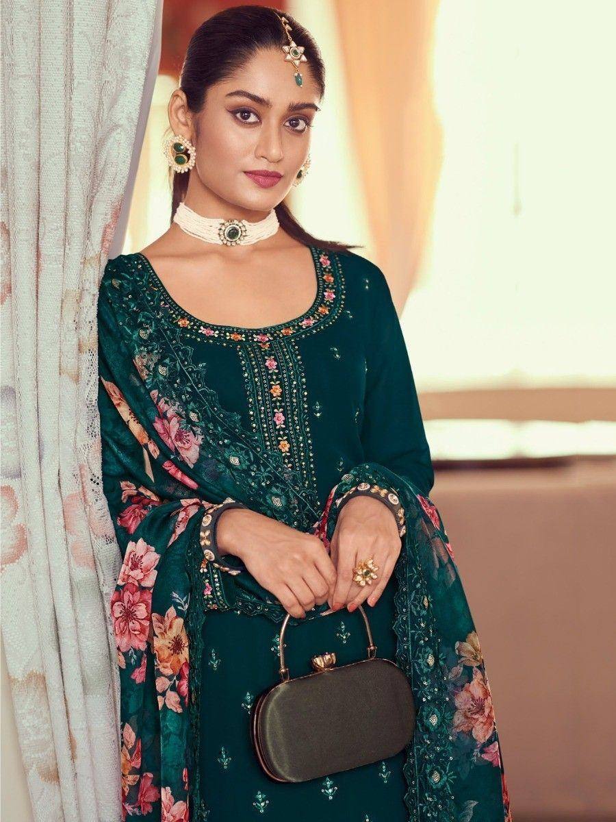 Emerald green floral embroidered salwar kameez with matching dupatta, perfect for Indian ethnic occasions.