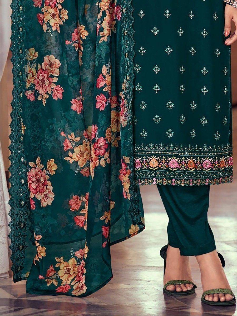 Emerald green floral printed salwar kameez with embroidered dupatta and palazzo pants