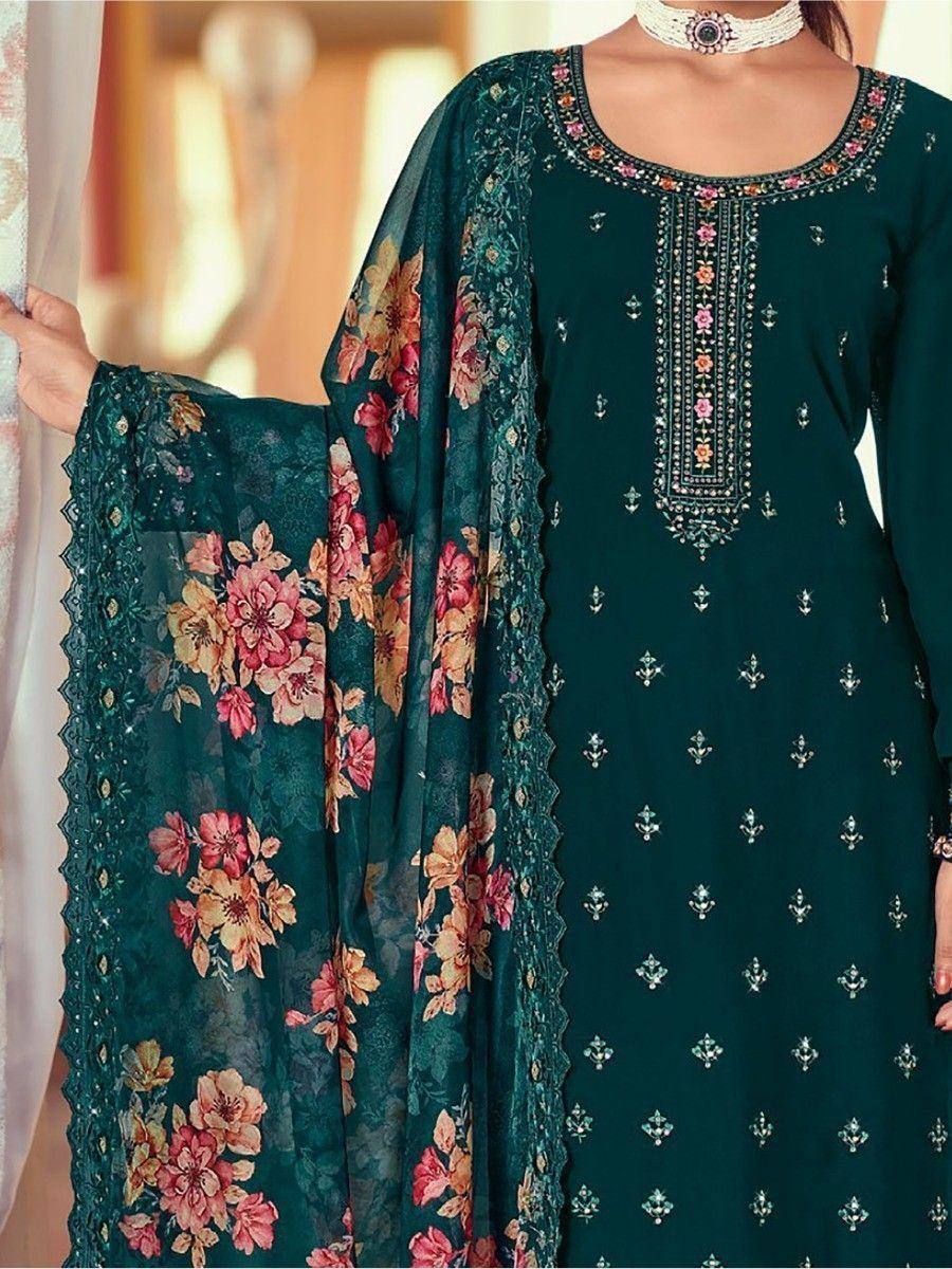 Emerald green embroidered salwar kameez with floral dupatta, Indian ethnic wear