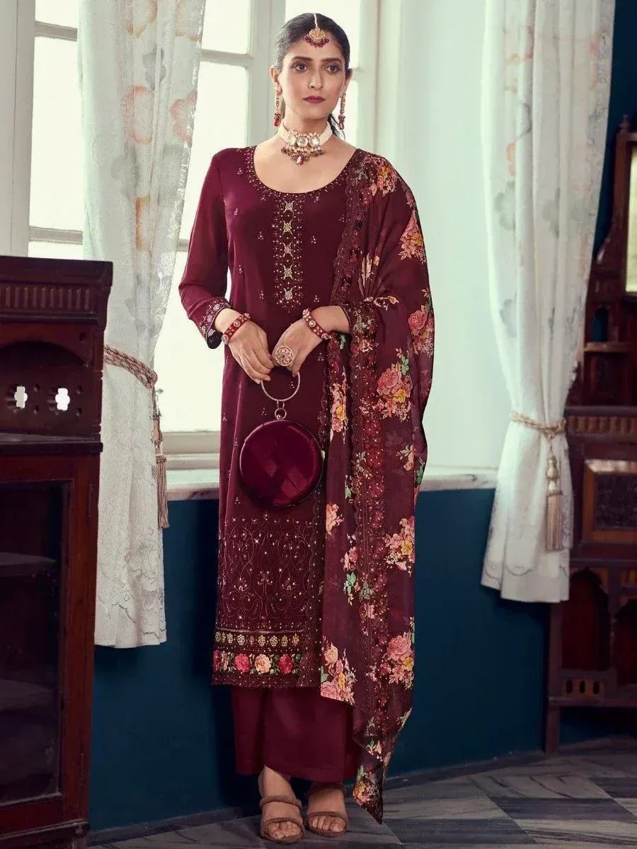 Maroon embroidered salwar kameez with floral dupatta, traditional Indian ethnic wear for women