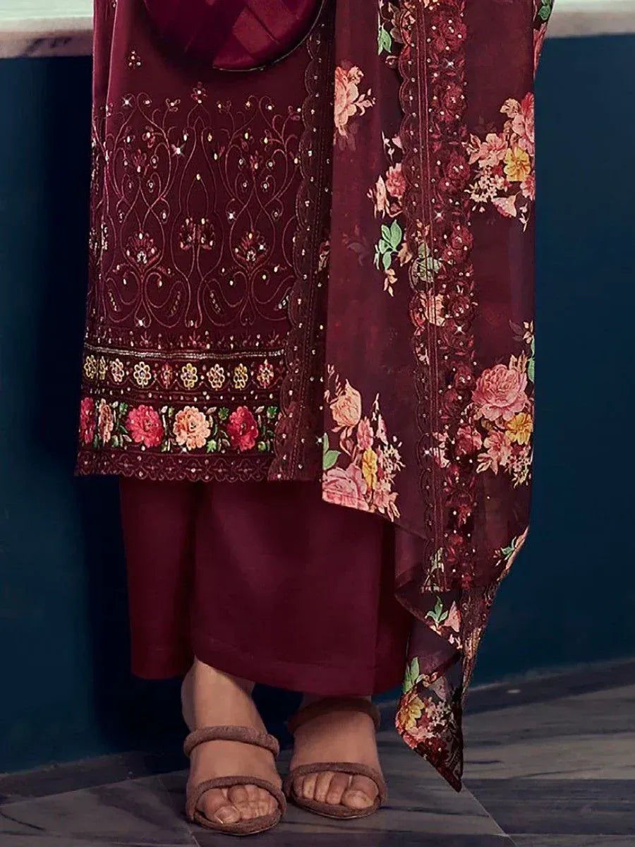 Maroon embroidered salwar kameez with floral dupatta, ethnic Indian wear