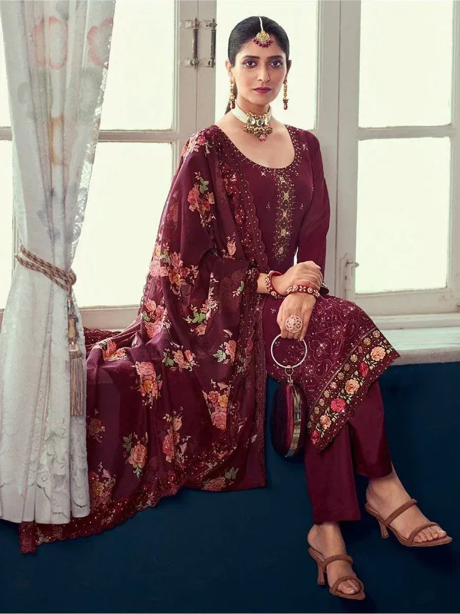 Maroon floral embroidered salwar kameez with dupatta, ethnic Indian wear for women