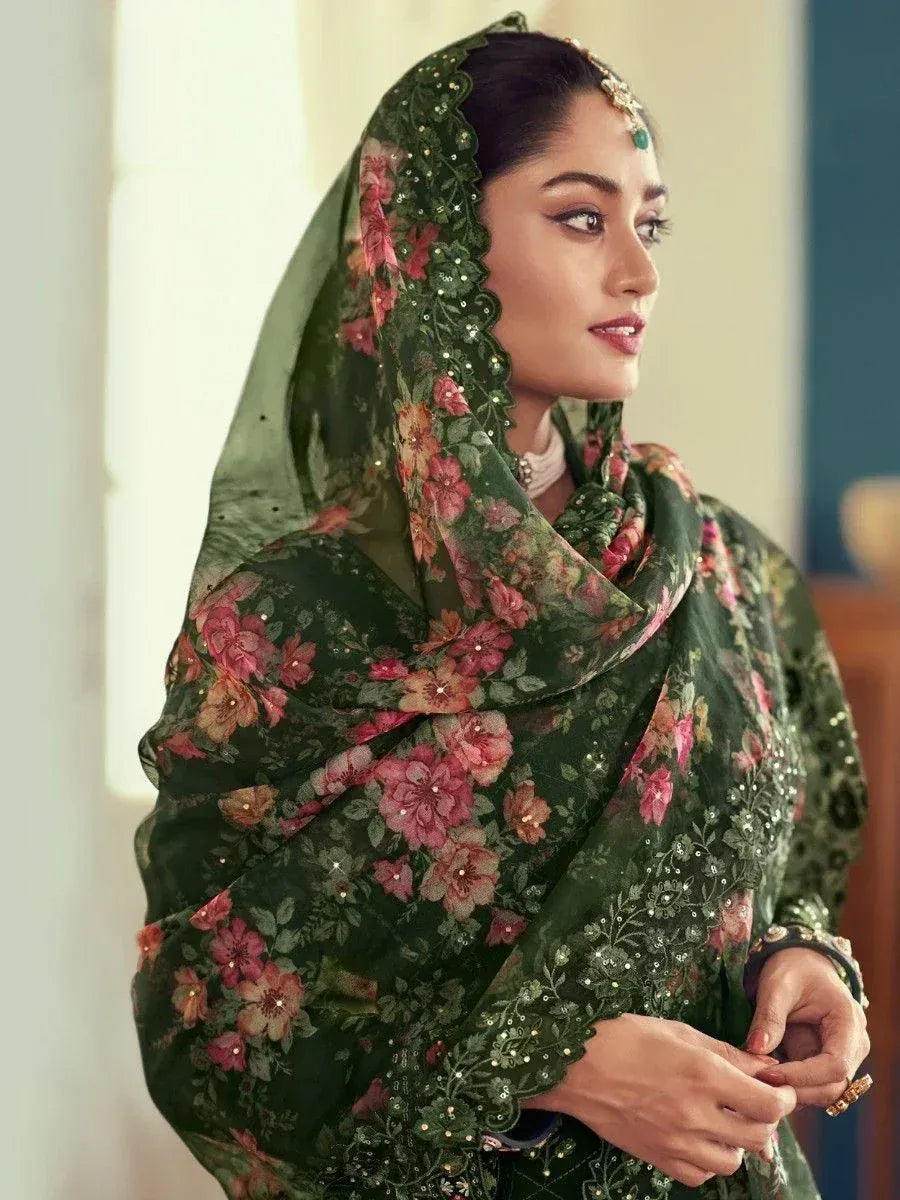 Elegant green floral printed salwar kameez with sequin detailing, perfect for Indian ethnic wear occasions.