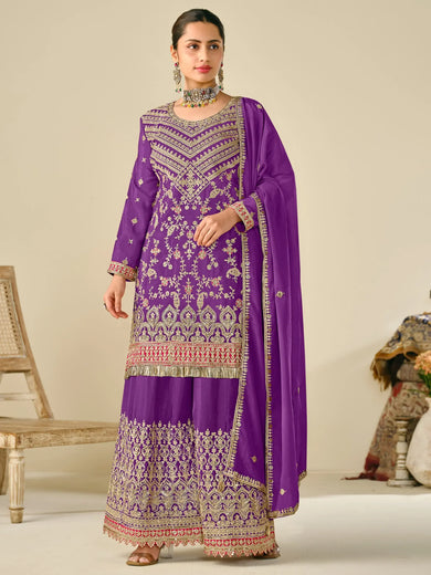 Glamorous Purple Zari Embroidered Chinon Eid Special Sharara Suit