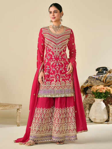 Bewitching Red Sequins Chinon Festival Wear Sharara Suit With Dupatta