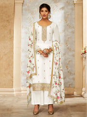 Woman in white embroidered salwar kameez with floral dupatta, Ethnic Plus Indian wear