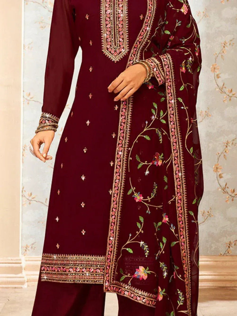 Maroon salwar kameez with floral embroidery and matching dupatta, Indian ethnic wear