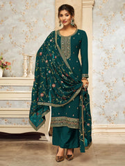 Emerald green embroidered salwar kameez with floral dupatta, Indian ethnic wear from Ethnic Plus