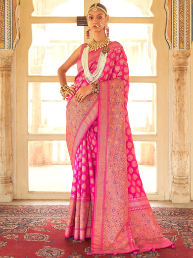Glamorous Pink Zari Weaving Patola Silk Festival Wear Saree With Blouse