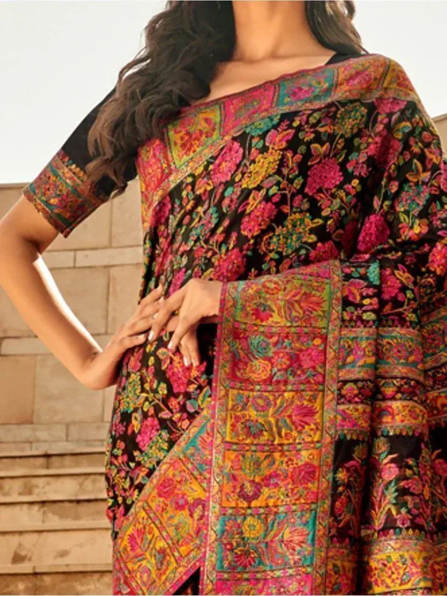 Vibrant floral printed saree with colorful border, ethnic wear for women