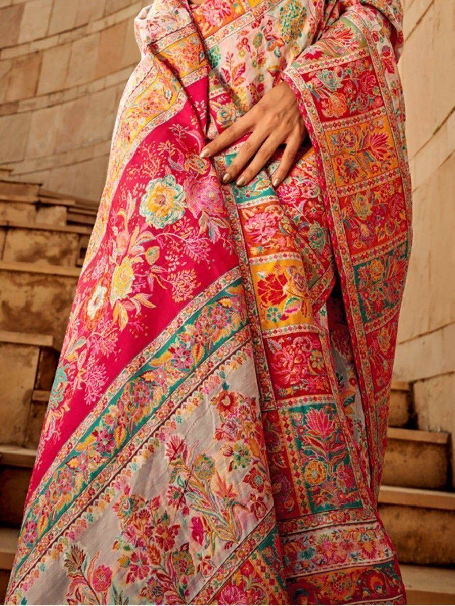 Vibrant floral print Indian saree with rich embroidery, perfect for ethnic occasions