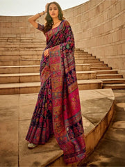 Attractive Navy Blue Zari Weaving Silk Traditional Saree With Blouse