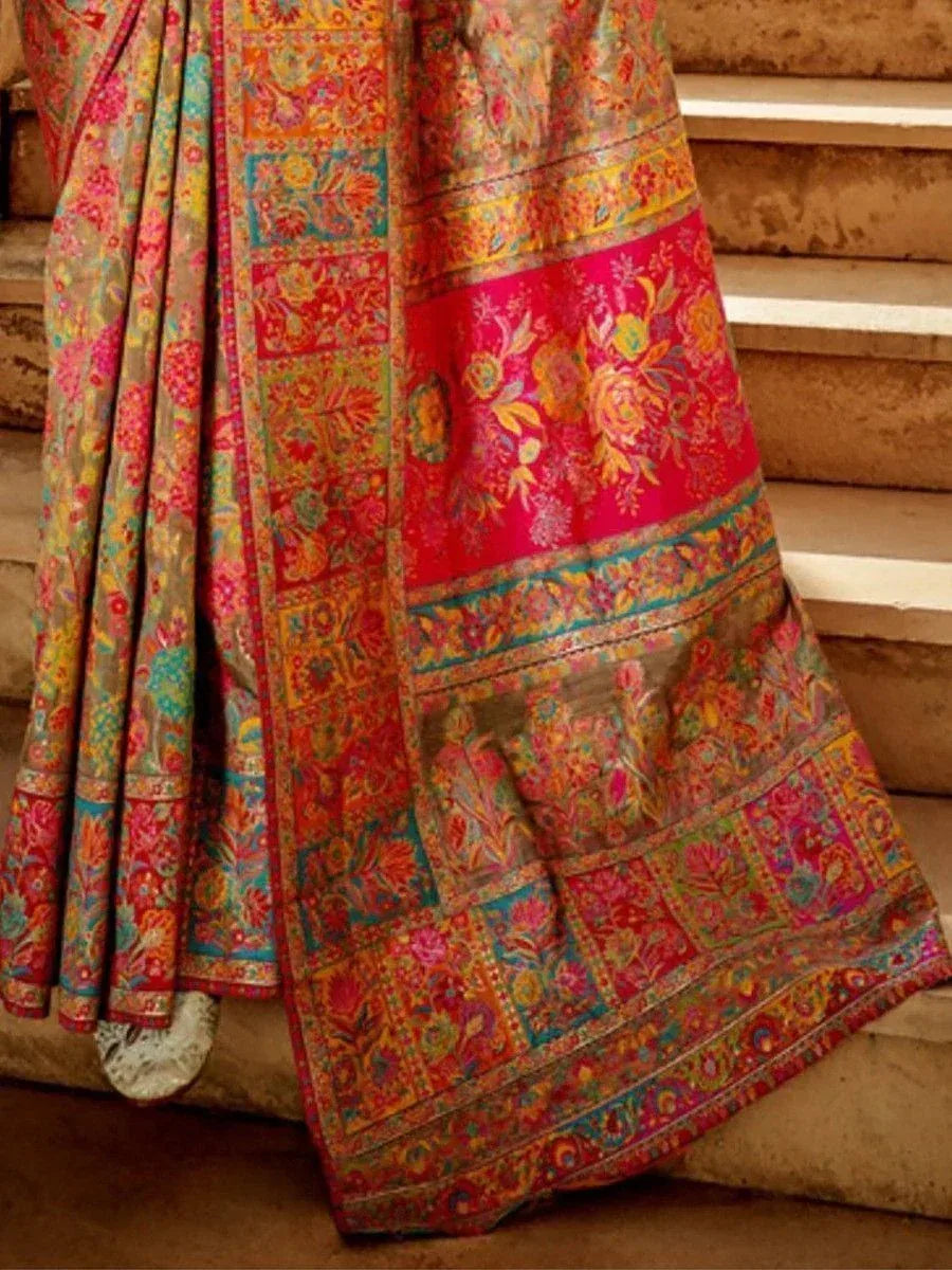 Vibrant floral print saree with rich embroidery, perfect for Indian ethnic wear occasions