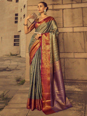 Adorable Grey Zari Weaving Silk Wedding Wear Saree With Blouse