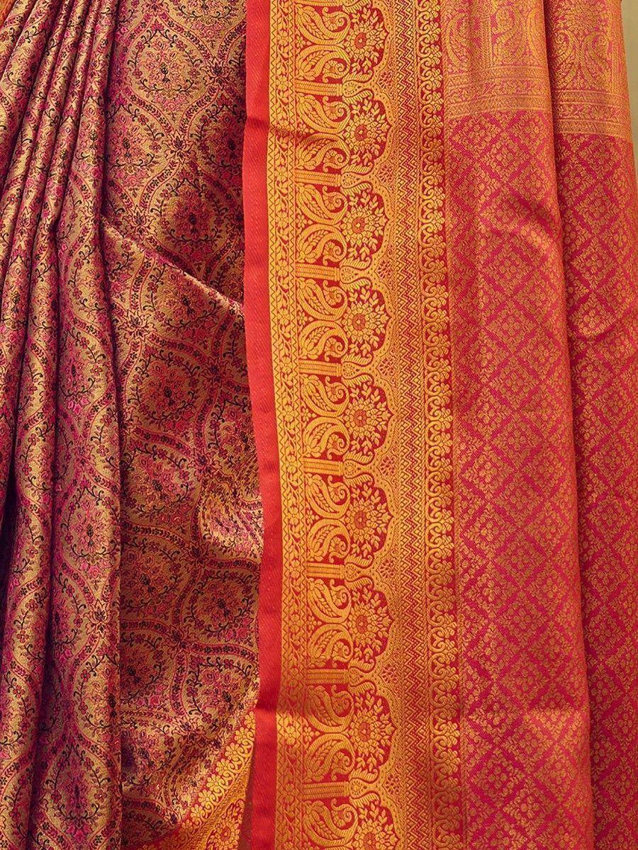 Rich red and gold designer saree with intricate paisley and border patterns, perfect for ethnic wear