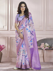 Alluring Lavender Digital Printed Silk Casual Wear Saree With Blouse