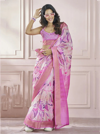 Stunning Pink Digital Printed Silk Event Wear Saree With Blouse